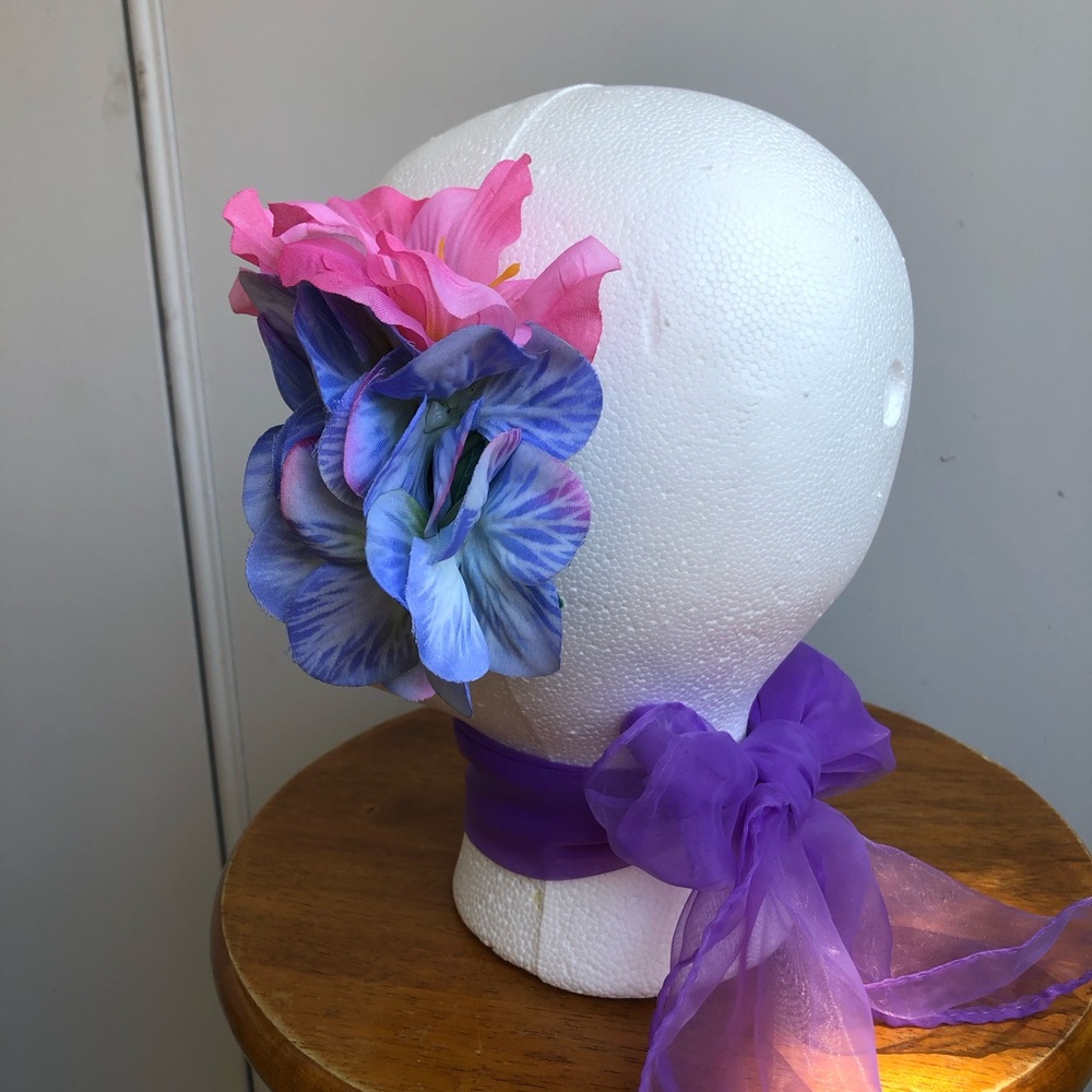 Rockabilly / Pinup Hair Flower Pink & Blue  Accent - Picture 3 of 5